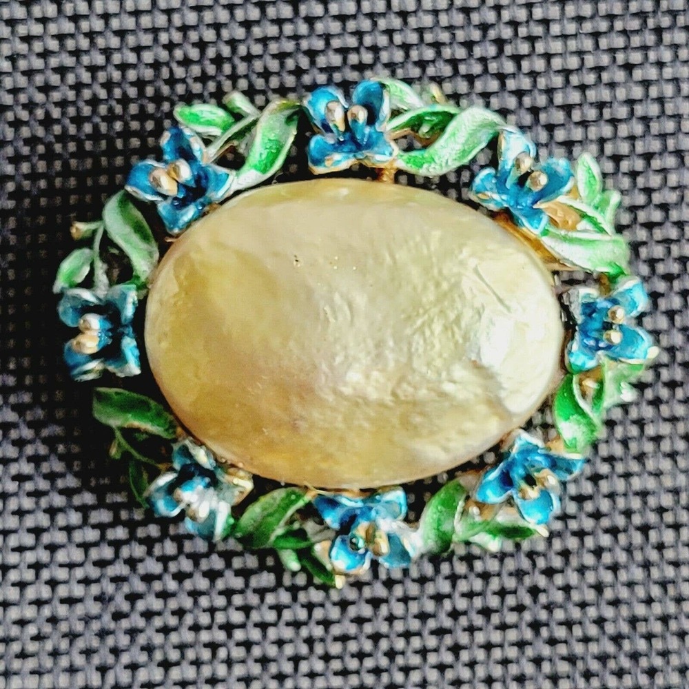Vintage ART signed oval brooch faux baroque‎ pearl and blue enamel flowers